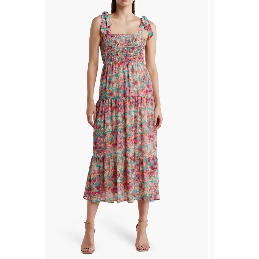 SAM EDELMAN Midi Dress Women's Size‎ 2 Smocked Floral Tiered NWT